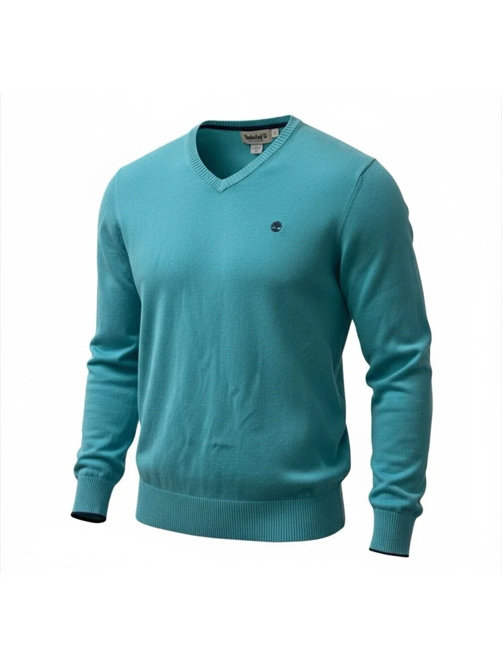 Timberland Men’s V-Neck Sweater Large Teal Green Knit Pullover Logo Casual